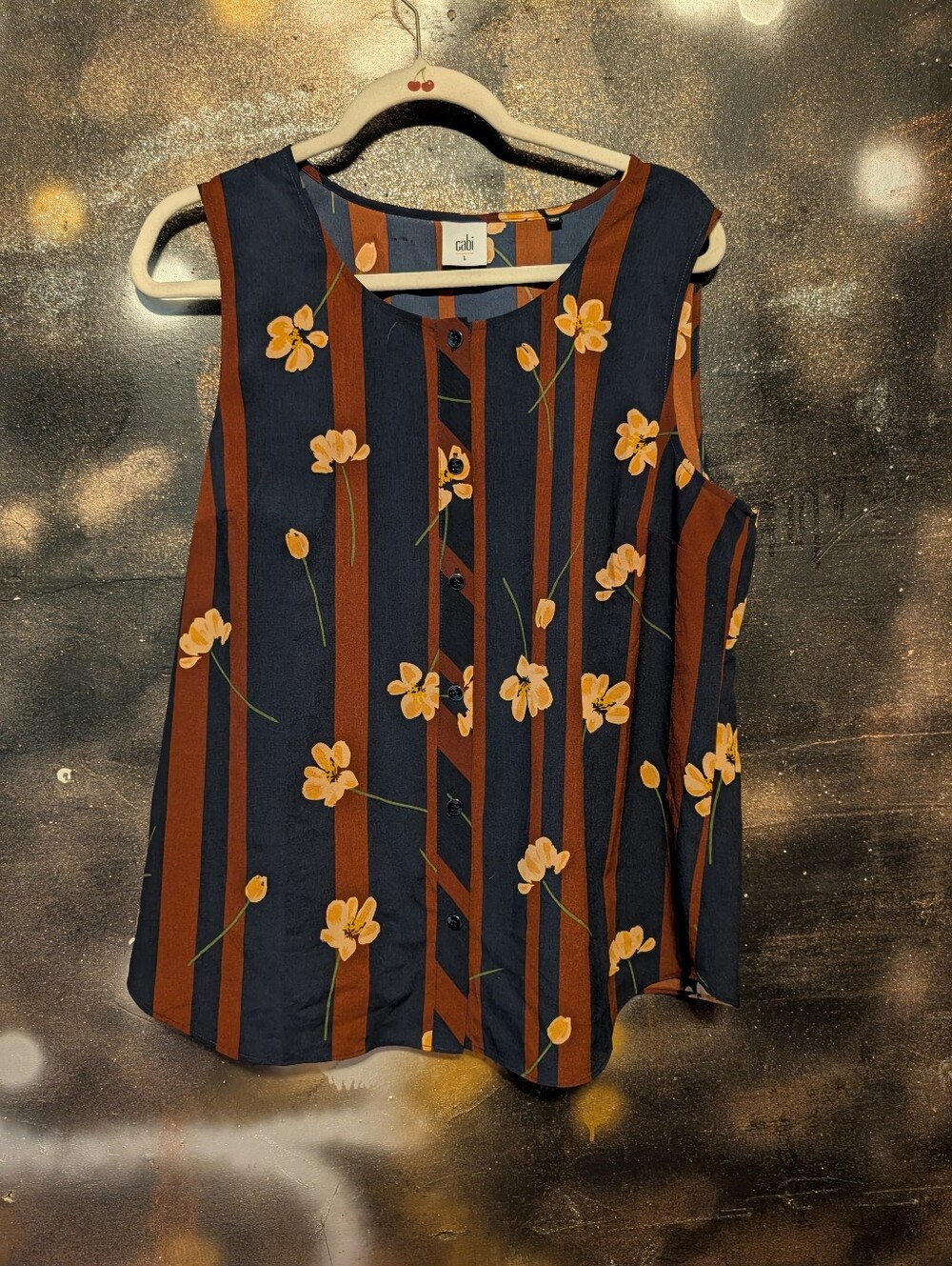 CAbi Navy and Rust Floral Stripe Sleeveless Button Top